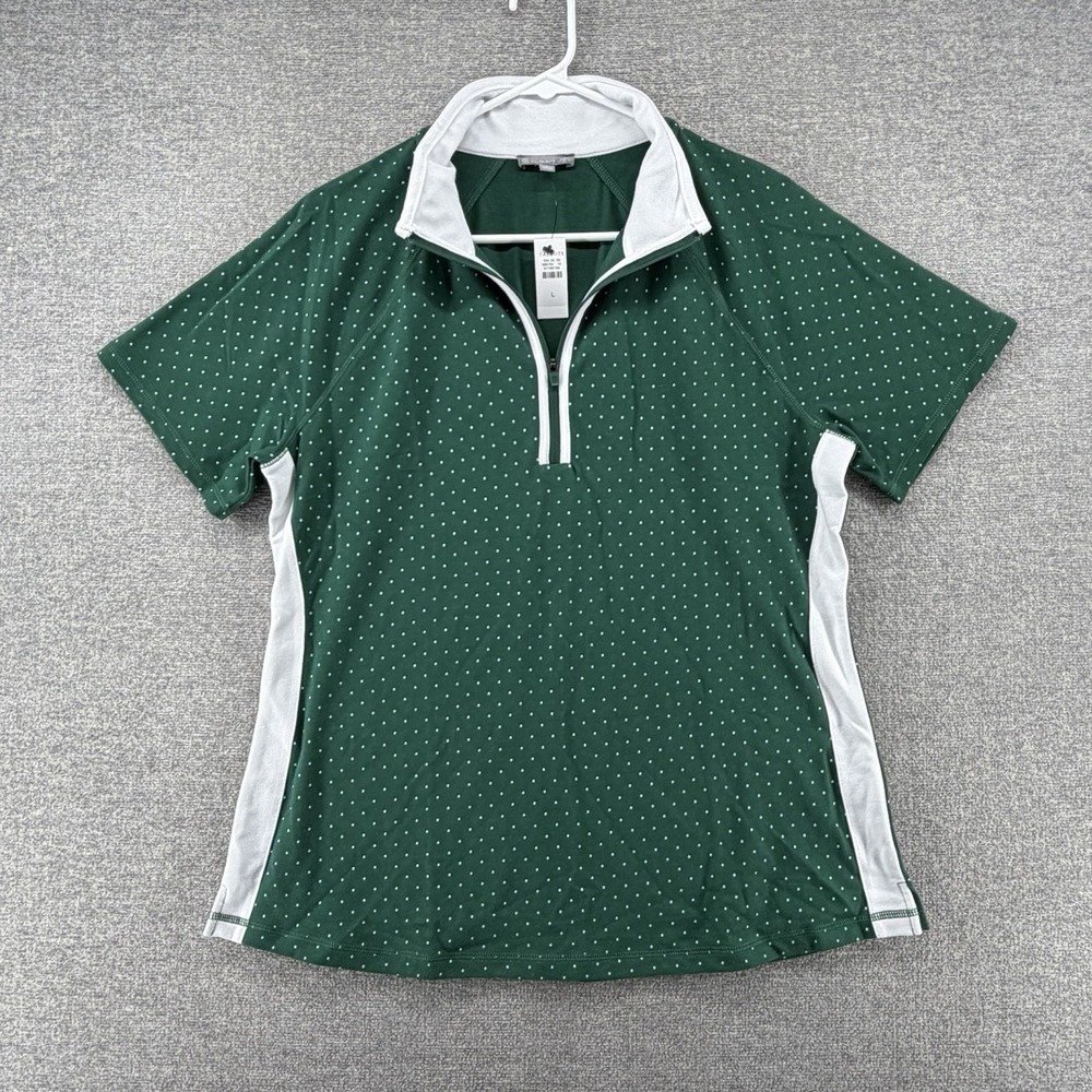 T by Talbots 1/4 Zip Short Sleeve Polo Shirt Women Large Green Whit NEW
